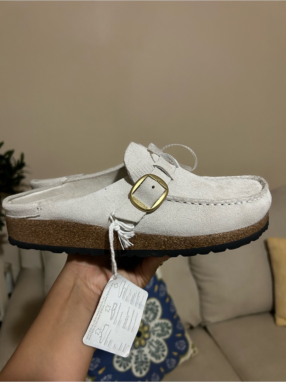 Birkenstock Cream Suede Slip-On Mule with Gold Buckle